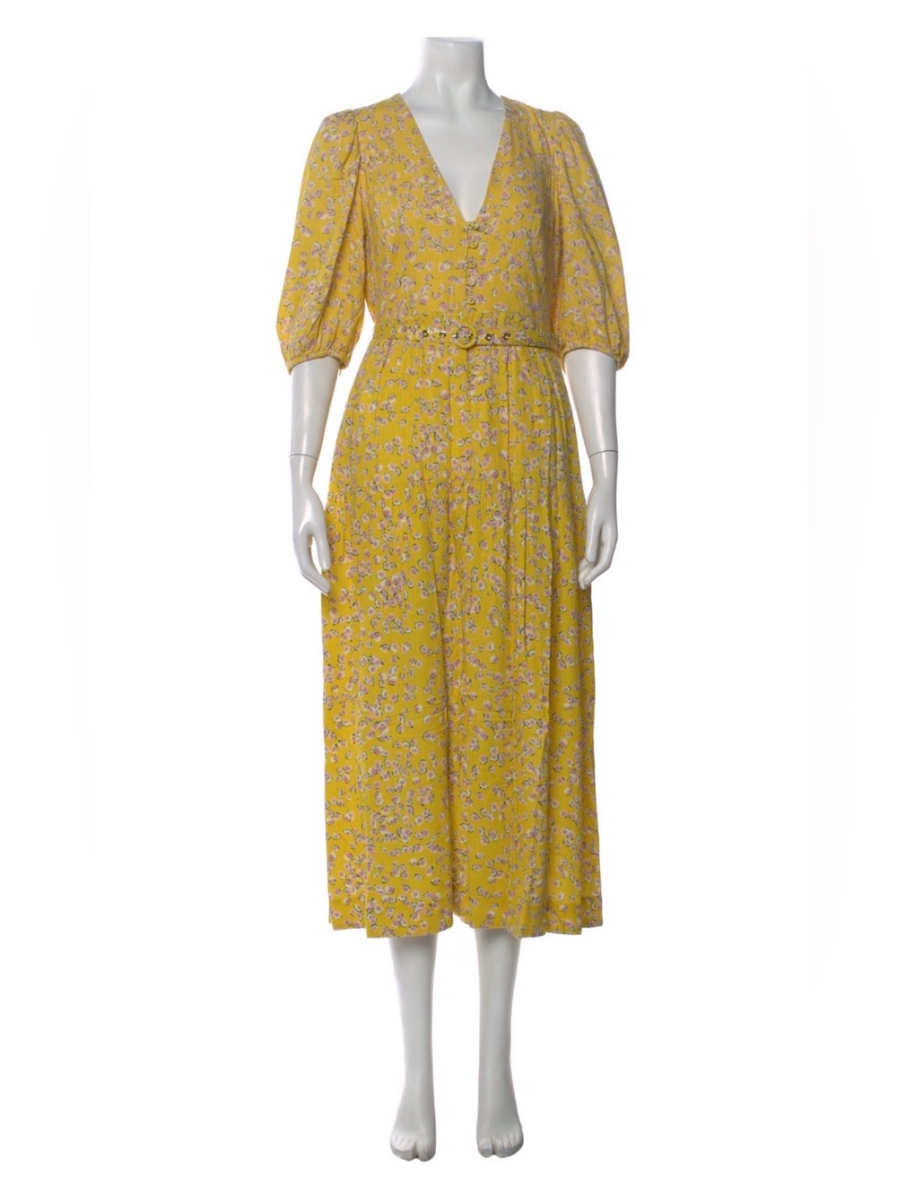 NICHOLAS “Celie” Yellow Hastings Floral Linen Blend V-Neck Belted Midi Dress 6 M